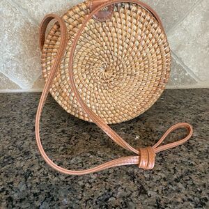 Rattan Woven Round Shoulder Bag Purse lined brown strap cute stylish